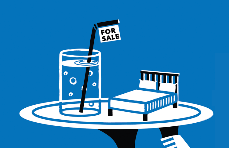 Small Leisure and Hospitality Illustration, bartender holding a tray with a drink and a bed, Mincoffs Solicitors