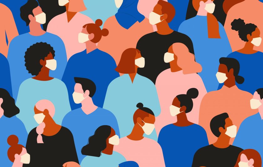 Cartoon of crowd of people wearing medical masks