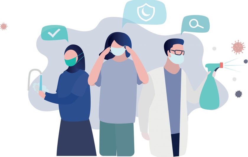 Infection control through three healthcare workers washing hands, wearing PPE and sanitizing areas.