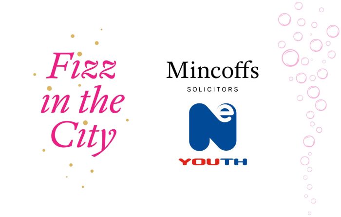 A white background with the Fizz in the City logo to the left, with the logos for Mincoffs Solicitors and NE Youth on the right